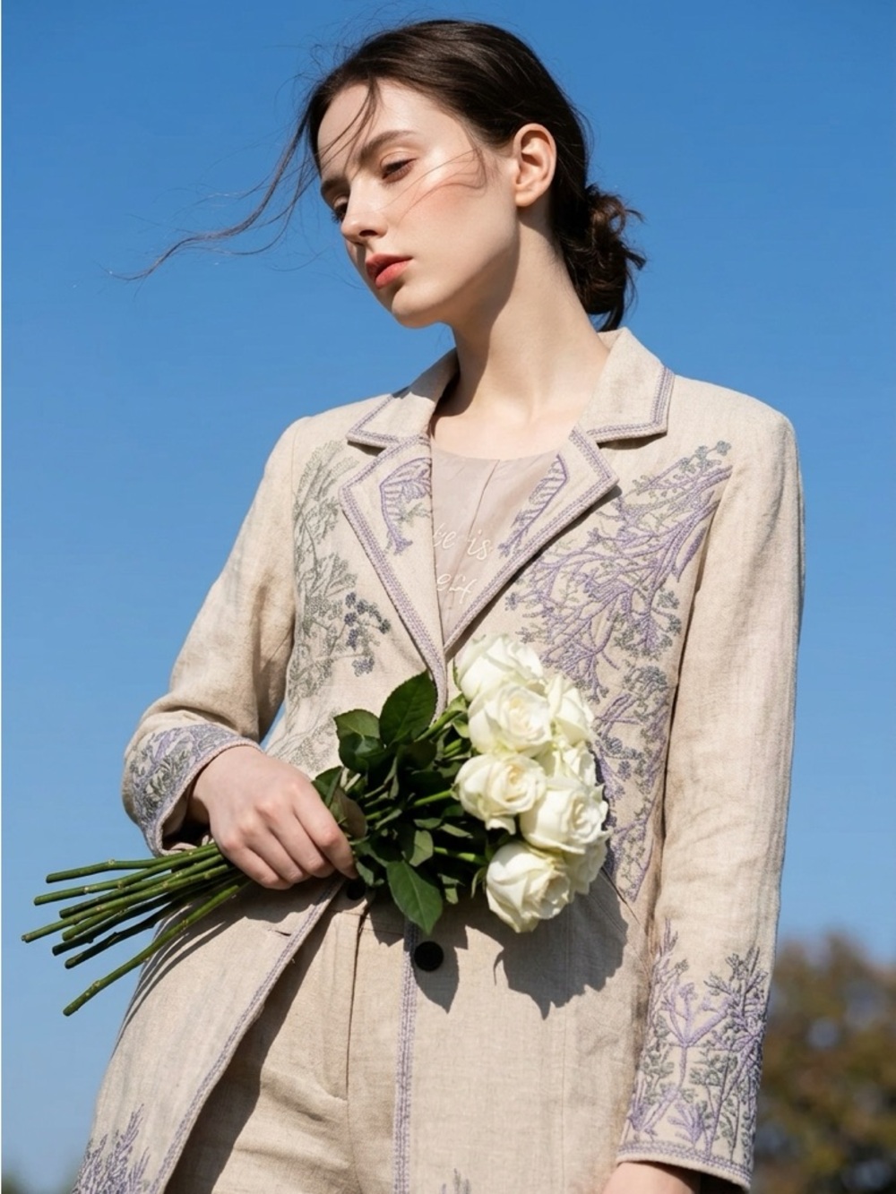 paparazzi Cream Blazer with Lavender Embroidery